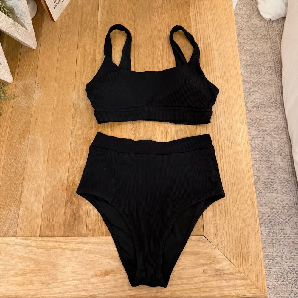 Black Ribbed High-Waist Bikini Set Aerie